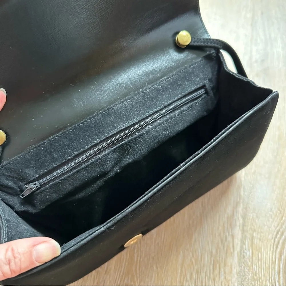 Vintage 80's Black Velvet Clutch Envelope Purse Faux Snake Skin Accent w/Strap